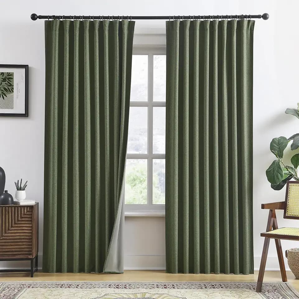 2 PCs Olive Green Linen Blackout Curtains 84 Inch Long 50 Inch Wide