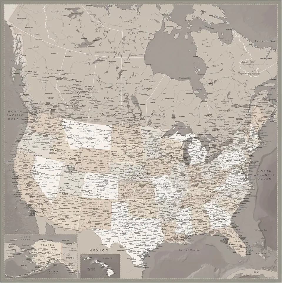 Trademark Fine Art Canvas Wall Art - blursbyai 'Davey Detailed Map Of The US And Canada' Wall Art for Living Room, Bedroom, or Office Décor