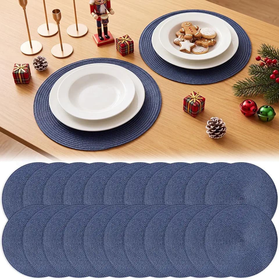 Buryeah 24 Pieces 13 Inch Christmas Round Placemats Circle Woven Place Mats Boho Decor Dining Table Mats Table Scape Hosting Friends for Wedding Birthday Dinner Parties (Fog Blue)