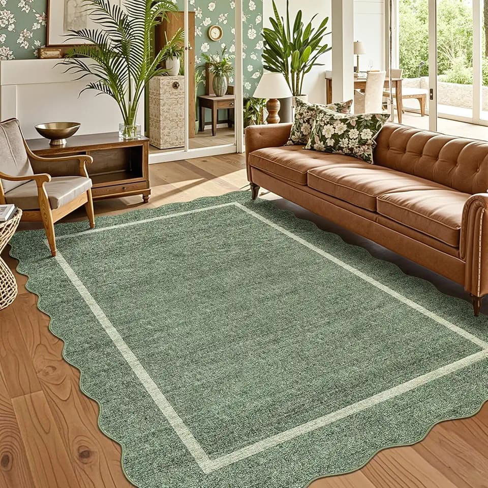 GarveeHome Scalloped 3x5 Area Rug Washable Rug for Entryway Greyish Green