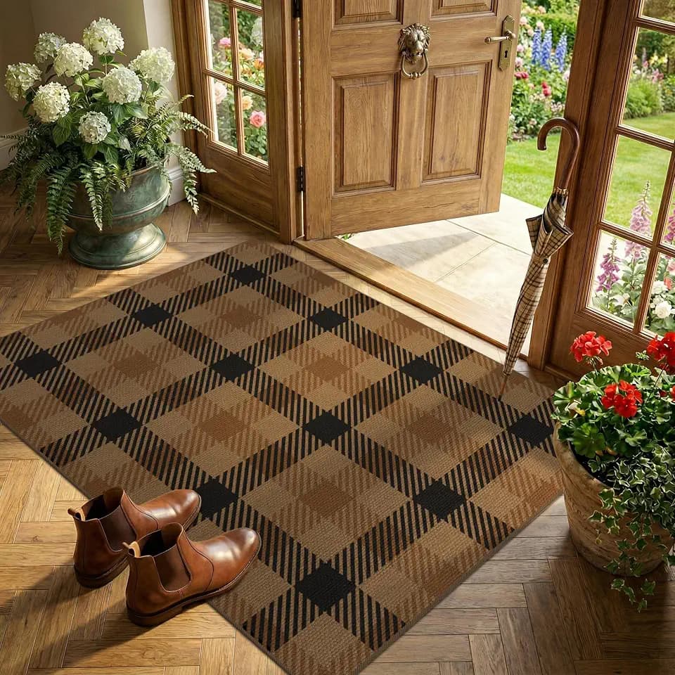 3x4 Entryway Door Mat Indoor – Washable Non Slip Small Rug for Front Door, Kitchen Sink, Mudroom, Garage Entry, Low Profile Easy Clean Farmhouse Plaid Floor Mat