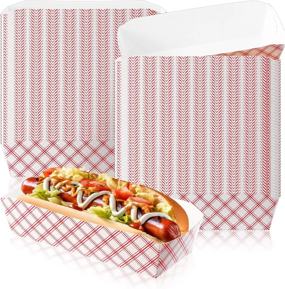 Yeaqee 100 Pcs 7" Paper Hot Dog Trays Red White Pattern Disposable