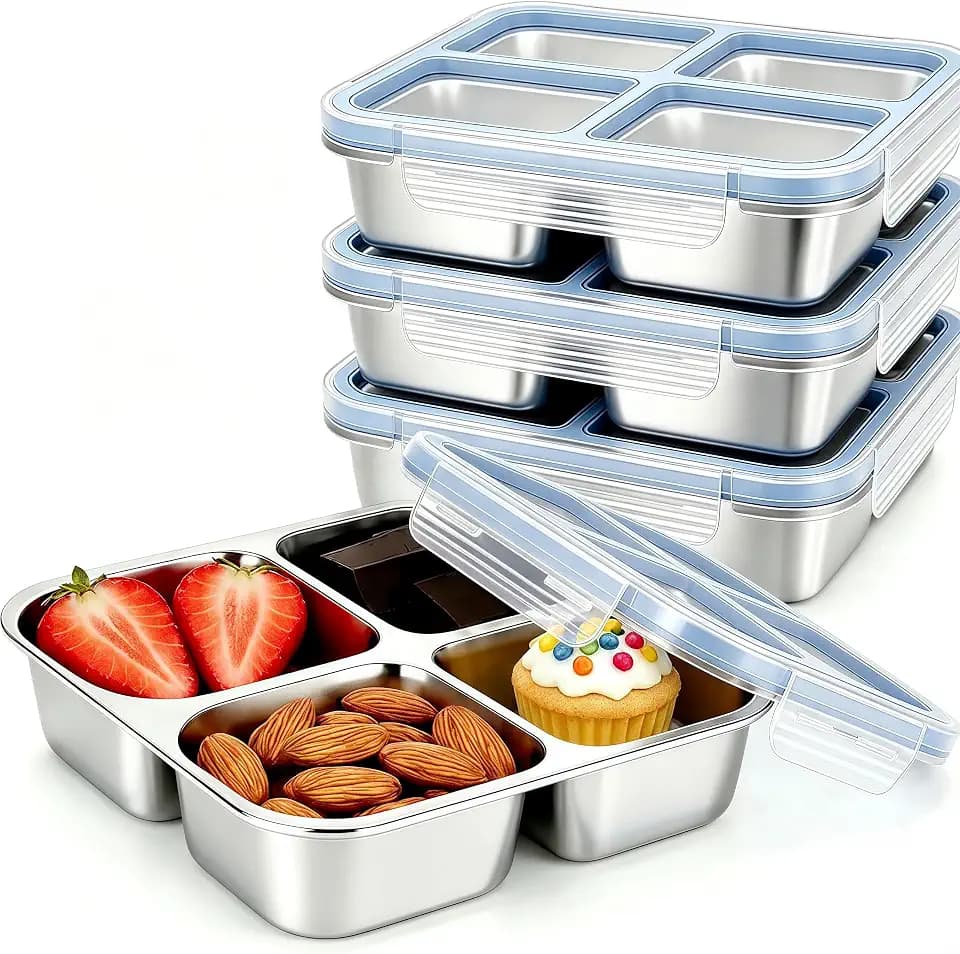 Stainless Steel Snack Containers with Lids, Snack Box Set of 4, 4-Compartment Divided Bento Box, Reusable Metal Food Storage Containers for Meal Prep, Office Gym Travel