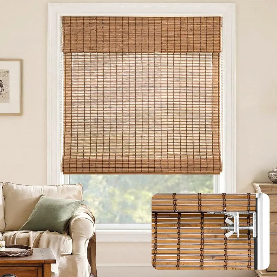 LazBlinds No Drill Bamboo Roman Shades, 31" W x 72" H, Malay Umber