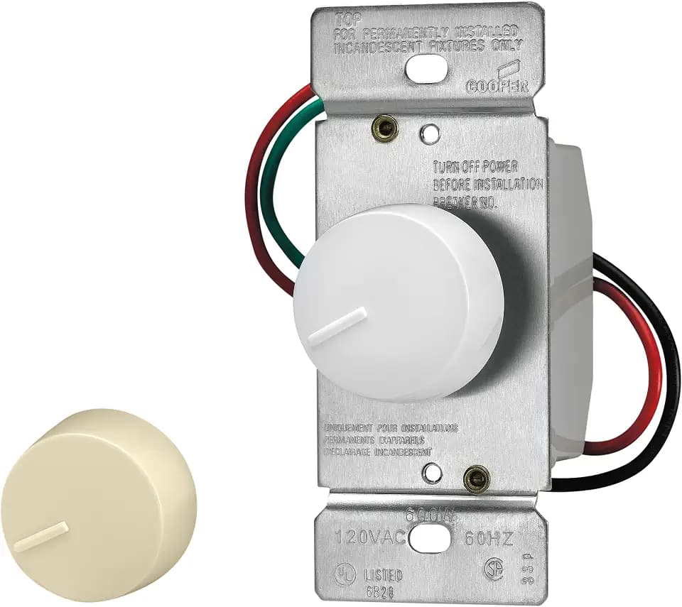 Eaton RI306PL-VW-K2 600-Watt 120-Volt Incandescent/Halogen Rotary Dimmer with Preset, Ivory and White Knobs