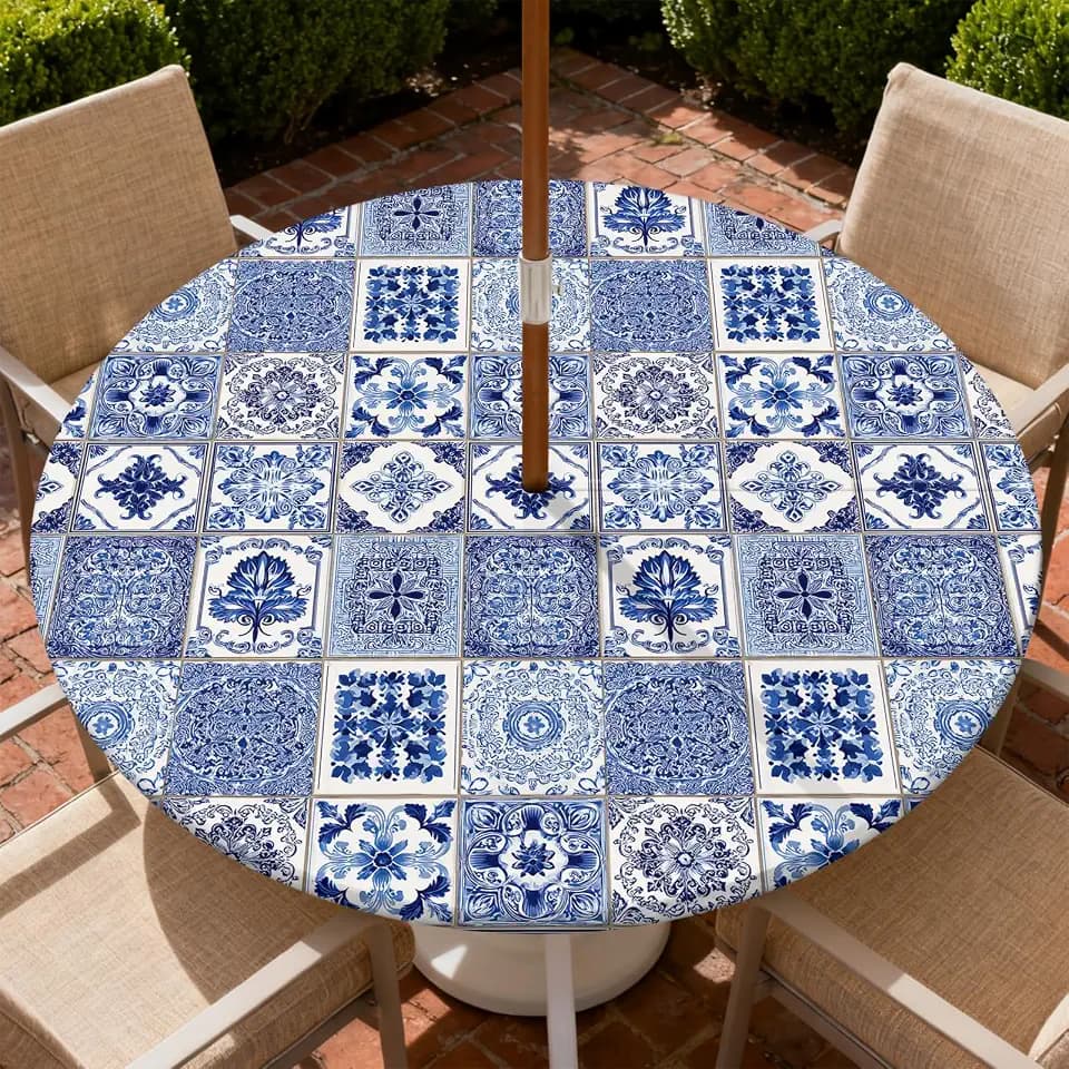 Outdoor Tablecloth with Umbrella Hole and Zipper Fits 49-52" Tables