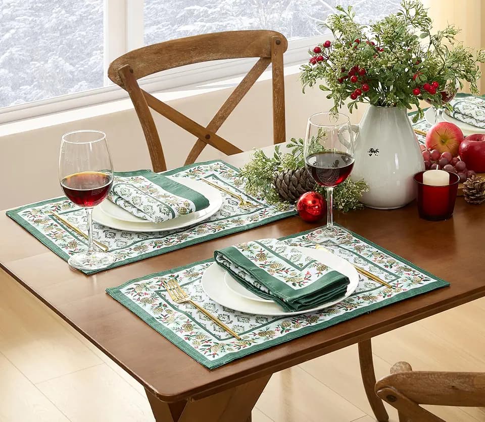 Newbridge Christmas Holly Pinecone Border Set of 4 Fabric Placemats, Holiday Hunter Green Border on White Background Fabric Placemats for Dinner Party and Banquet