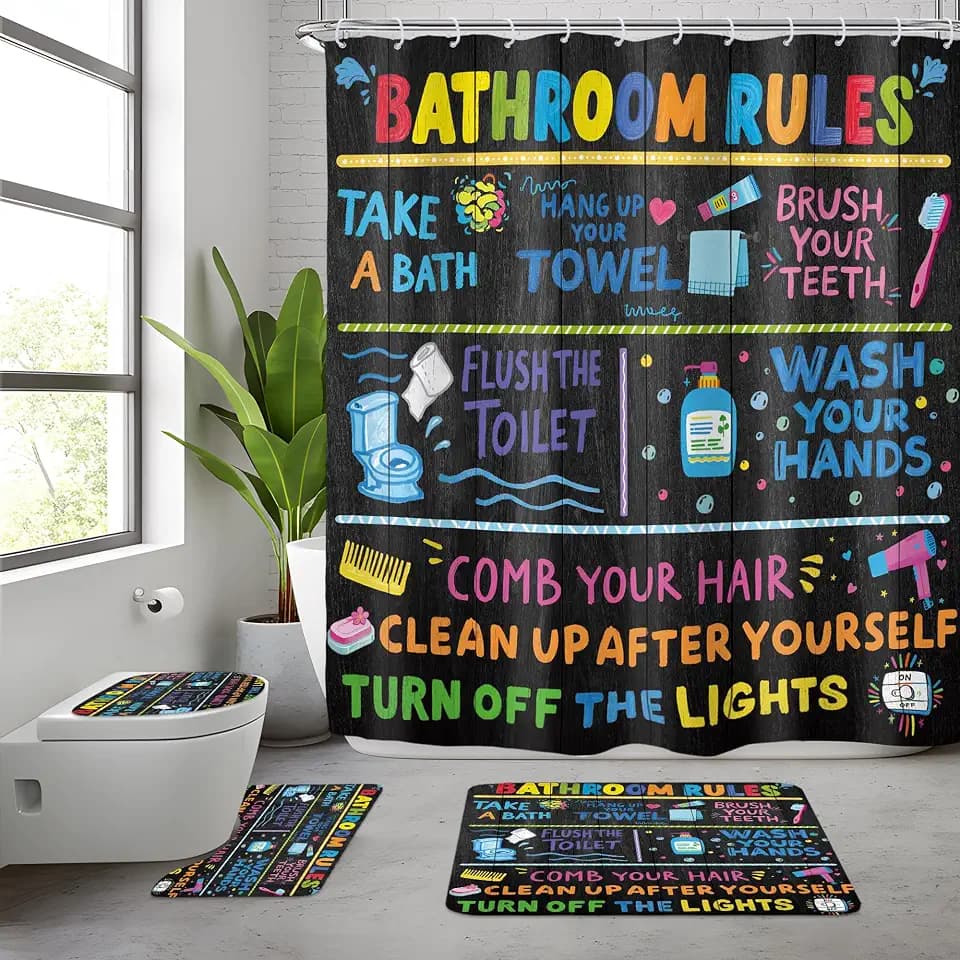Funny Rules Colorful Cartoon 4Pcs Bathroom Shower Curtain Set with Rugs
