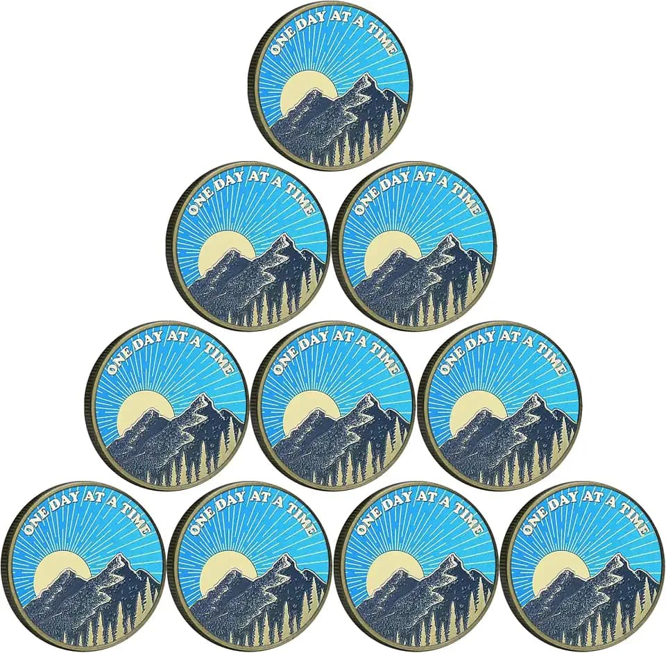 Sunrise Serenity Lucky Coin One Day at A Time Pocket Token Gift for Men or Women Addiction Recovery AA Sobriety Medallion (Pack of 10)