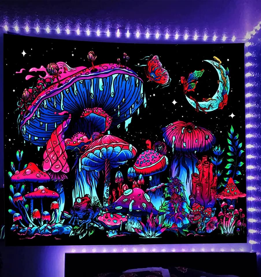 TUGCAY Blacklight Mushroom Tapestry, Glow In The Dark Tapestry Black Light Plant Fantasy UV Reactive Mushroom Butterfly Moon Tapestries Posters Wall Hanging for Bedroom Dorm Decor(50"x60")