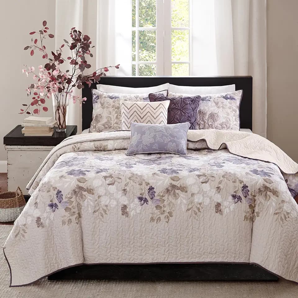 Madison Park Modern Floral Coverlet Breathable Taupe Queen Quilt Set, 6pc