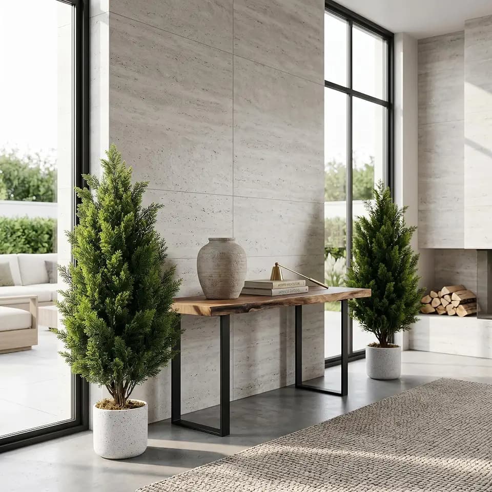 Artificial Cedar Trees Set of 2, 3FT Fake Pine Topiary Tree Dense Foliage with White Pot, Outdoor/Indoor Decorative Faux Floor Plants UV Resistant, No Assembly,for Home Office Entryway Front Christmas