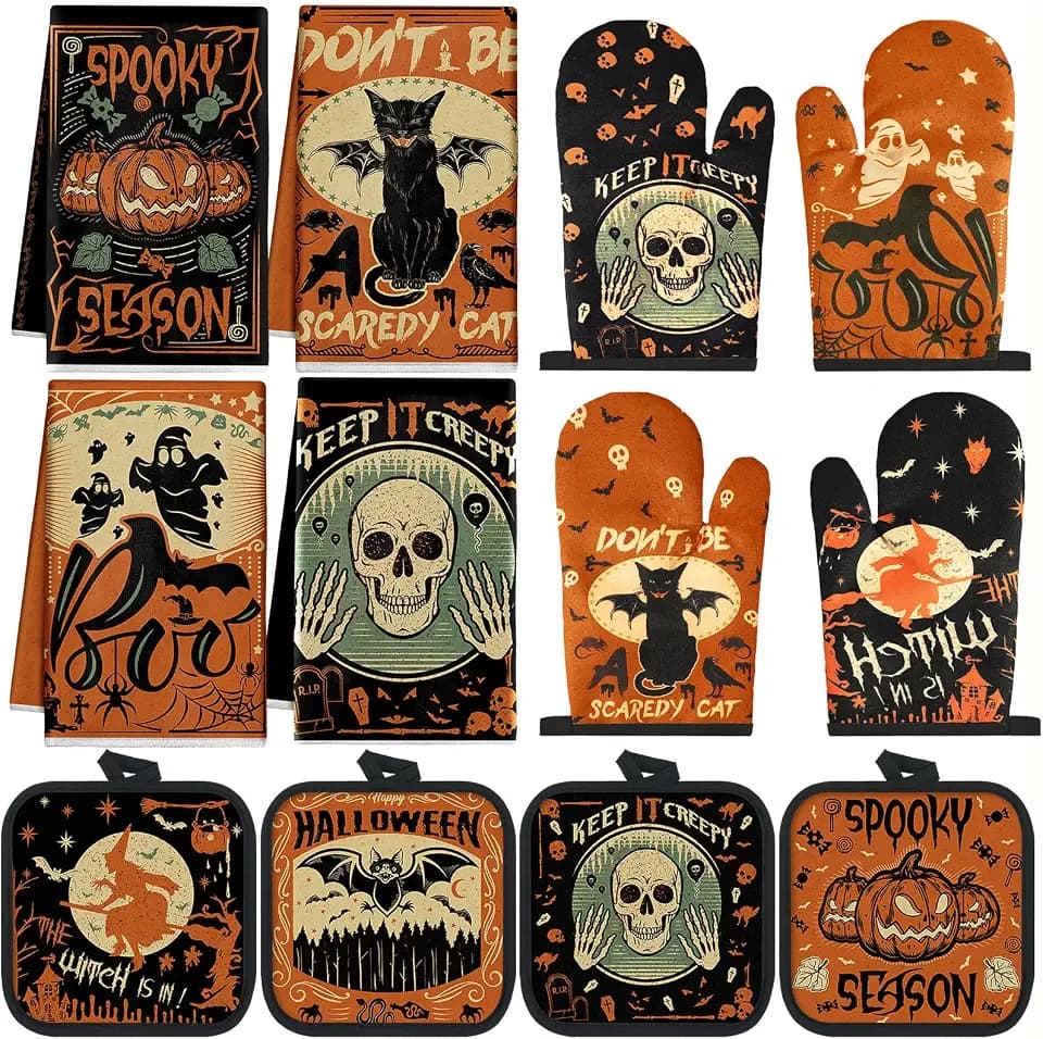 SiliFine 12 Pcs Halloween Kitchen Towels Oven Mitts Pot Holders Set