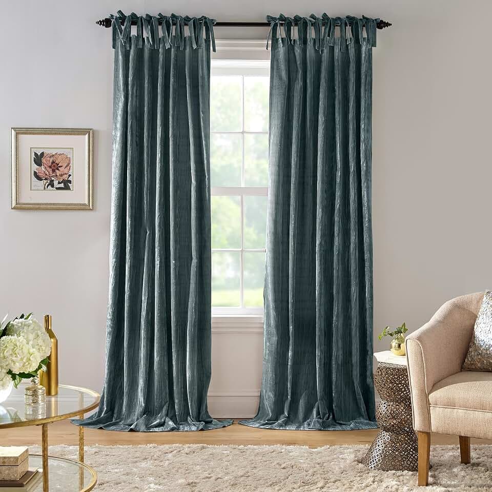 Threadmade Korena Tie-Top Crushed Velvet Window Curtain, Peacock - 52" W x 95" L