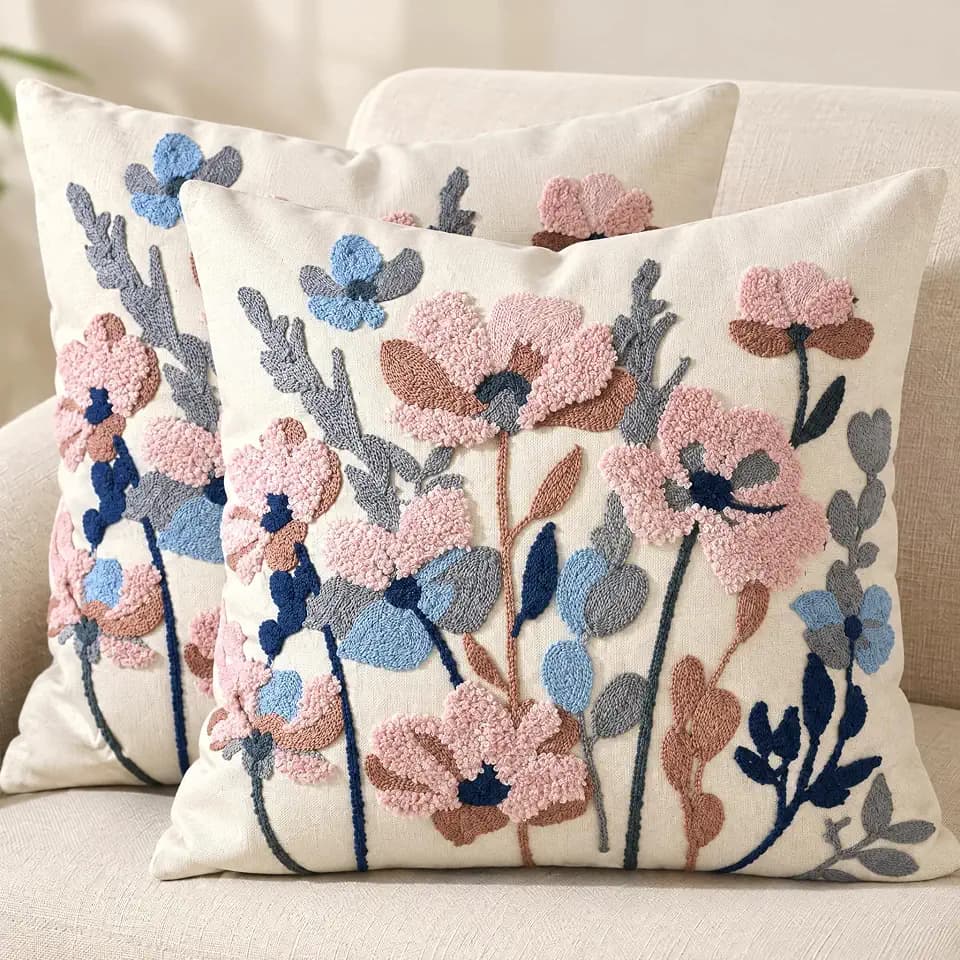 AVOIN colorlife Pastel Floral Embroidered Throw Pillow Covers, 18 x 18 Inch Seasonal Flower Cluster Tufted Patterned Linen Cushion Case Decoration for Sofa Couch Set of 2
