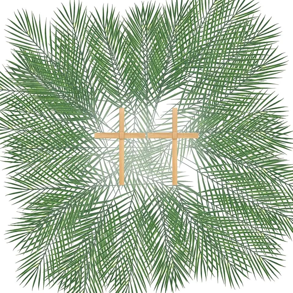 50 Pcs Easter Palm Sunday Decoration Crafts Including 25 5'' Religious Crosses and 25 9.4'' Artificial Palm Leaves Large Faux Plants Branches for Sunday Church Arrangement Party Decoration