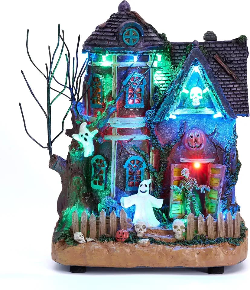 Valery Madelyn Halloween Village for Home Decor, Lighted Halloween Decoration with Music and Colorful Lights, Resin House Statue Mummy's Haunted House for Party Decor, 10 Inch