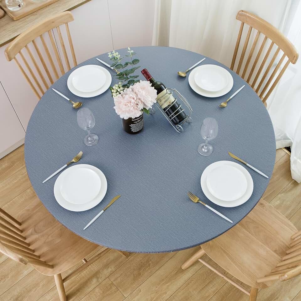 NLMUVW Denim Blue Round Vinyl Tablecloth, Outdoor PVC Table Cloth Waterproof Wipe Clean Table Cover for Kitchen Dining, 45"- 56"