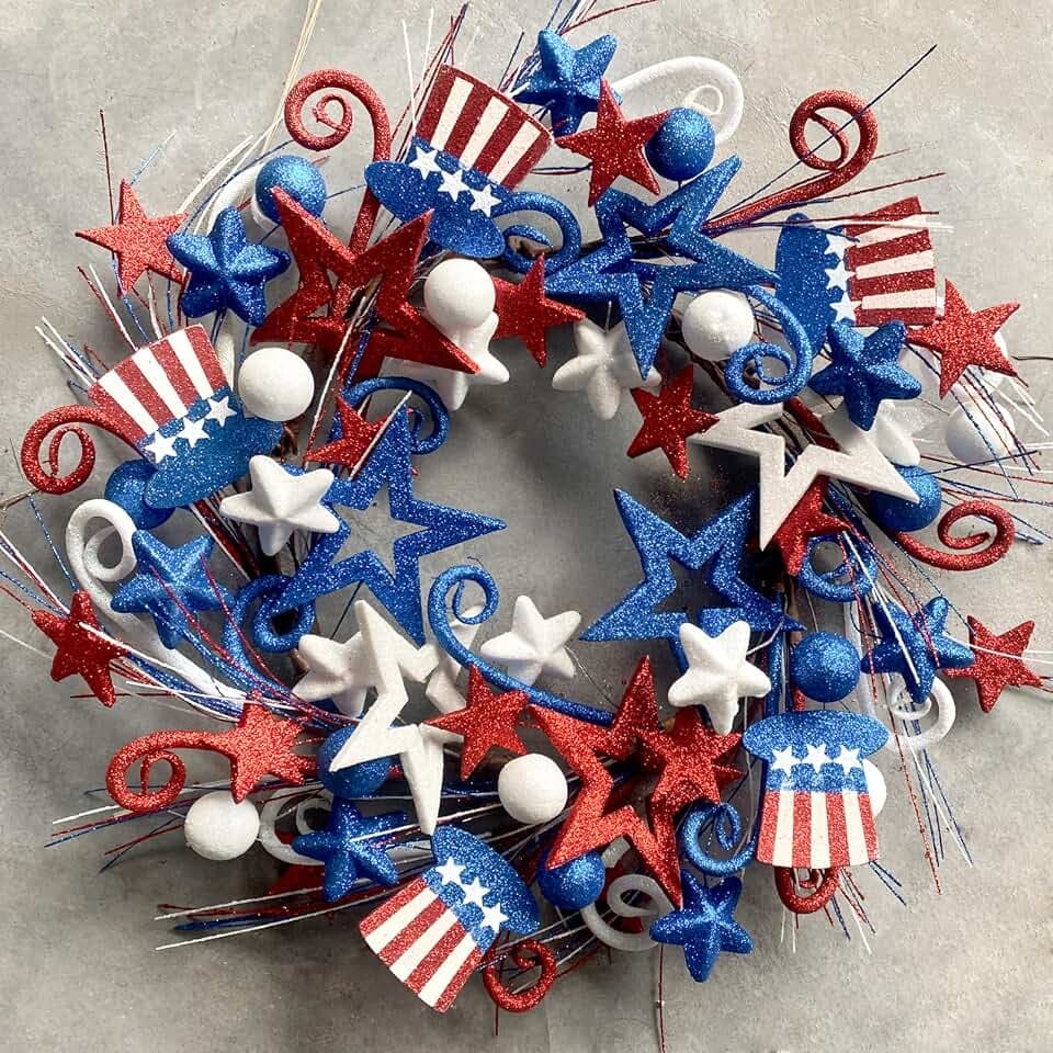 20in Red White Blue Artificial Floral Twig Wreaths American Flag Wreath Patriotic Decorations Wreaths 4th of July Independence Day Flag Day Hanging Decoration