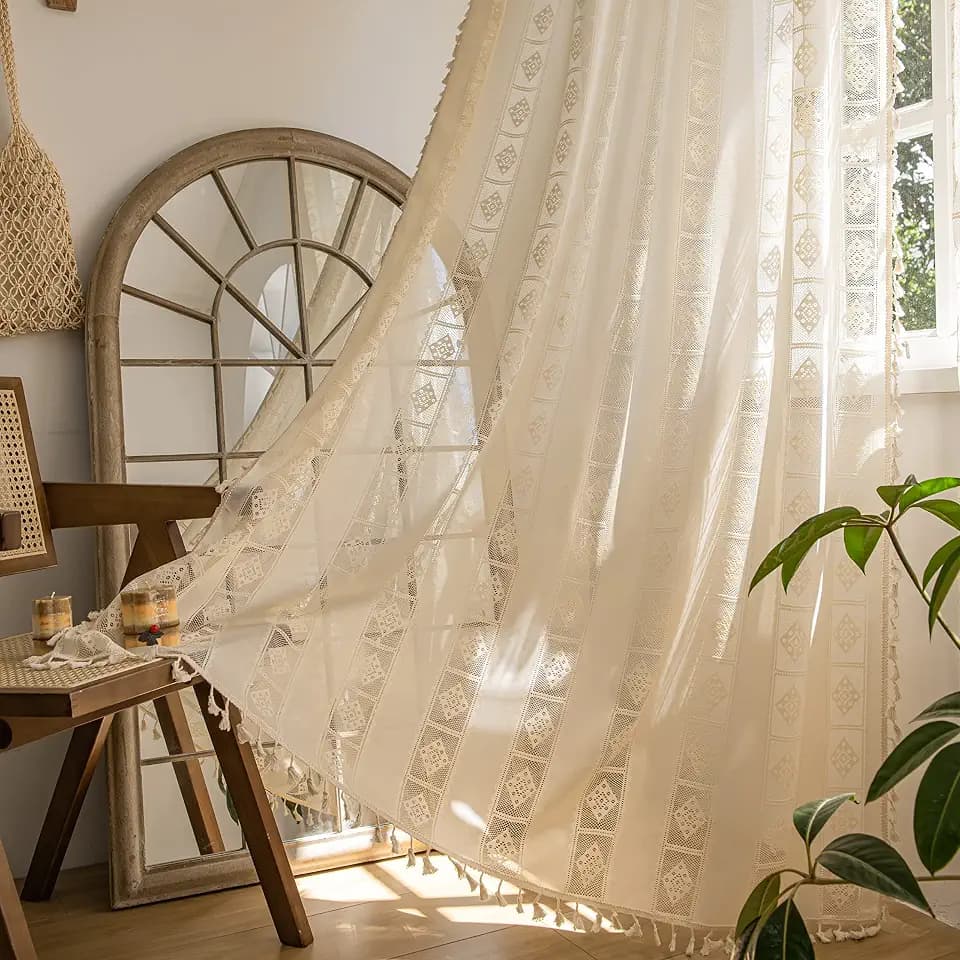 Sutuo Home 2 Panels Boho Curtains Crochet Lace Patchwork Semi-Blackout Bohemian Handmade Tassels, Rod Pocket Window Treatment Vintage Rustic Farmhouse Drapes for Living Bedroom, 52" W x 63" L, Cream