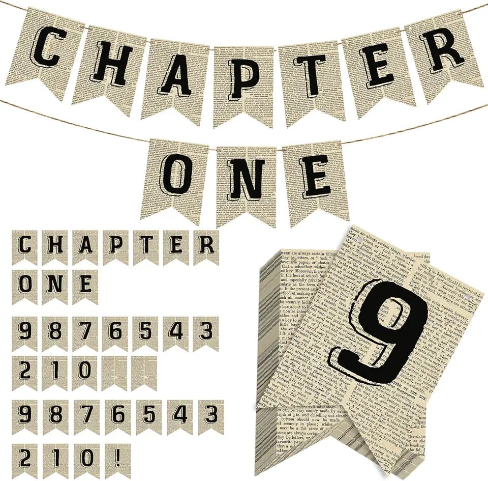 Chapter One Birthday Decorations,Vintage Book Chapter One Party Banner with Numbers for Birthday, Baby Shower, Book Club, Graduation Party