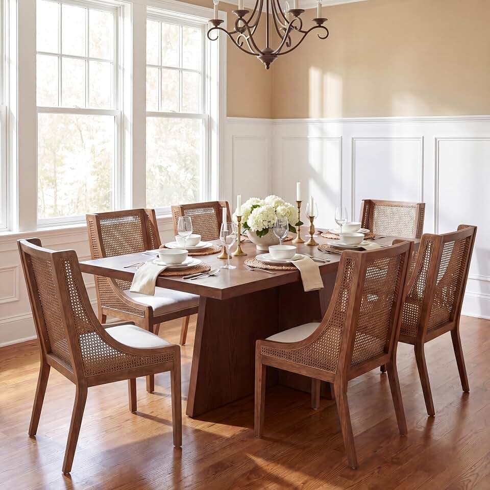 Christopher Knight Home Yone Modern Dining Table Set for 6, Kitchen Table and Dining Chairs Set of 6, Rubberwood Dining Room Table Set for 6, Beige+Walnut