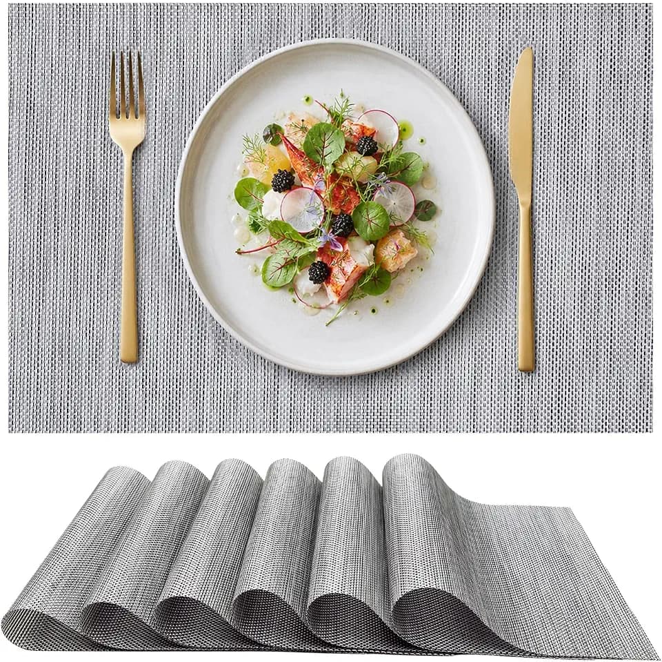 Quantum Love Grey Vinyl Woven Placemats Set of 6 Washable PVC Place Mats