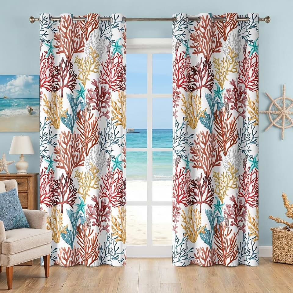 Coastal Beach Curtains 2 Panels Set Nautical Ocean Patterned Themed Thermal Insulating 50% Light Blocking Room Darkening Grommet Window Coral Print Drapes for Living Room Bedroom, 52x96 Inches