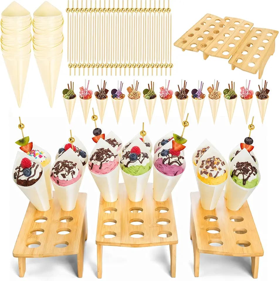 35 Holes Wooden Food Cone Holder Stand, 100 Cones, 100 Picks