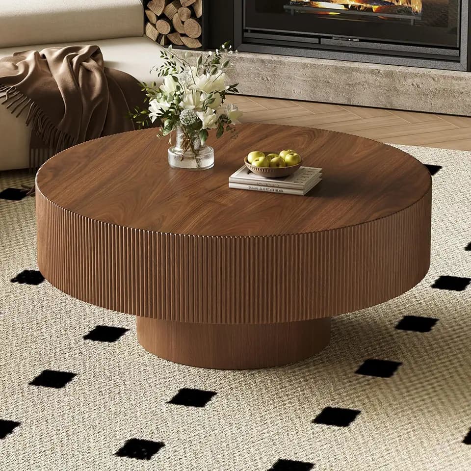 Merax Modern 35.4 Inch Round Large Coffee Table with Sturdy Base, Walnut