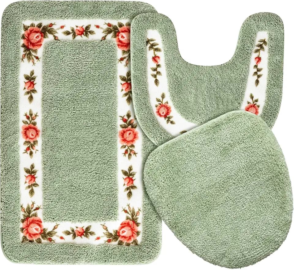 Drydiet 3 Pcs Rose Flowers Bathroom Rugs Set Coquette Room Decor Floral Bath Mat U Shaped Toilet Rug Non Slip Absorbent Floral Bath Carpet (Green)