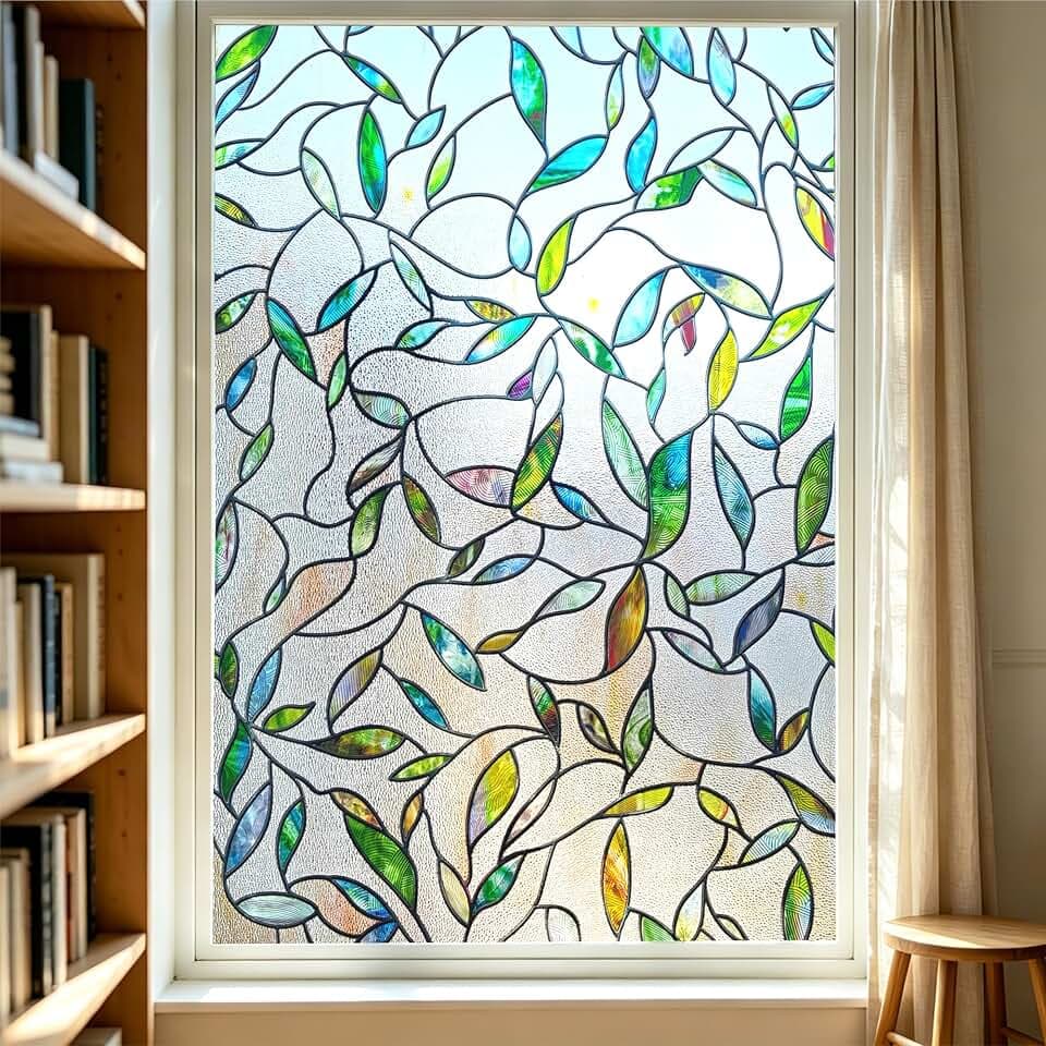 Stained Glass Window Film,16.9" x 47.2" 3D Decorative Static Cling Window Privacy Film,Non-Adhesive UV Blocking Heat Control Window Film (Colorful Leaves)