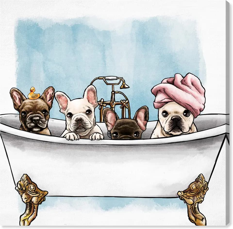 The Oliver Gal Artist Co. Animals Modern Canvas Art - Frenchies In The Tub, Wall Art for Living Room, Bedroom, and Bathroom, 20 in x 20, White and Blue Home Decor