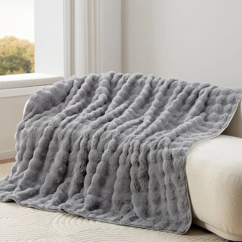 Berkshire Faux Fur & Velisse Reversible Blanket - Ultra Soft Plush Blanket for Couch and Bed, Luxury Fluffy Sofa Decor, 90" x 90", Chateau Grey
