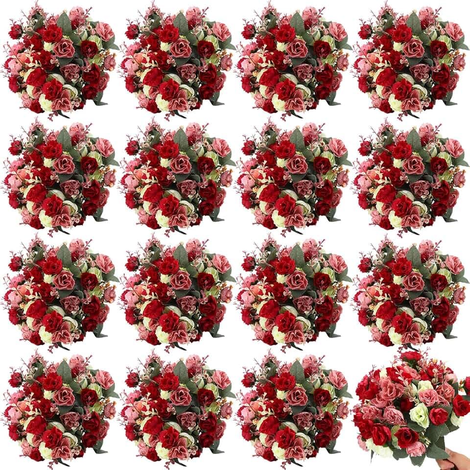 Geosar 16 Pcs Artificial Rose Flowers Bouquets 21 Heads Each, Mixed Colors