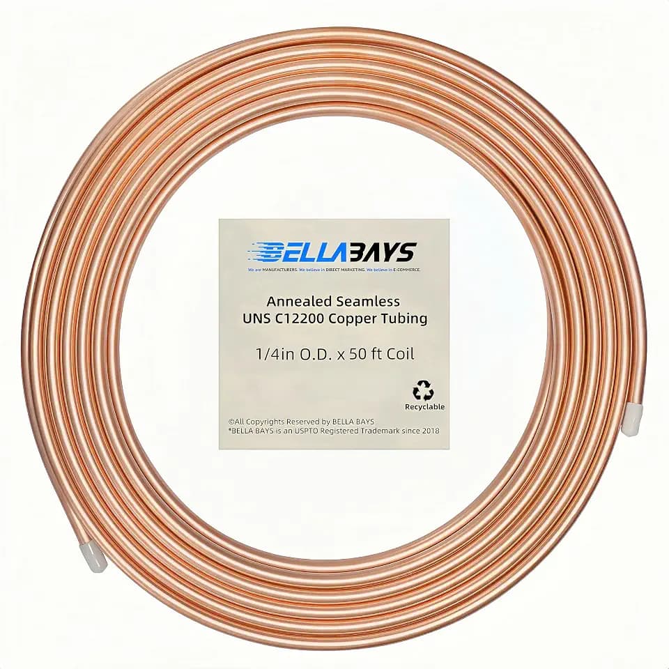 BELLA BAYS Copper Tubing 1/4" OD x 0.187" ID x 50 ft, 99.9% C12200 ASTM B280 Refrigeration ACR Tubing Seamless Soft Coil Round T2 Pure Copper Tube for HVAC System, Refrigerator, Industry, DIY
