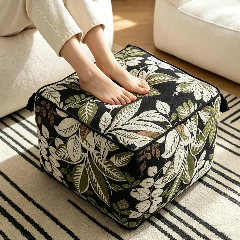 Chenille Square Pouf Ottoman - Foot Stool for Living Room & Bedroom