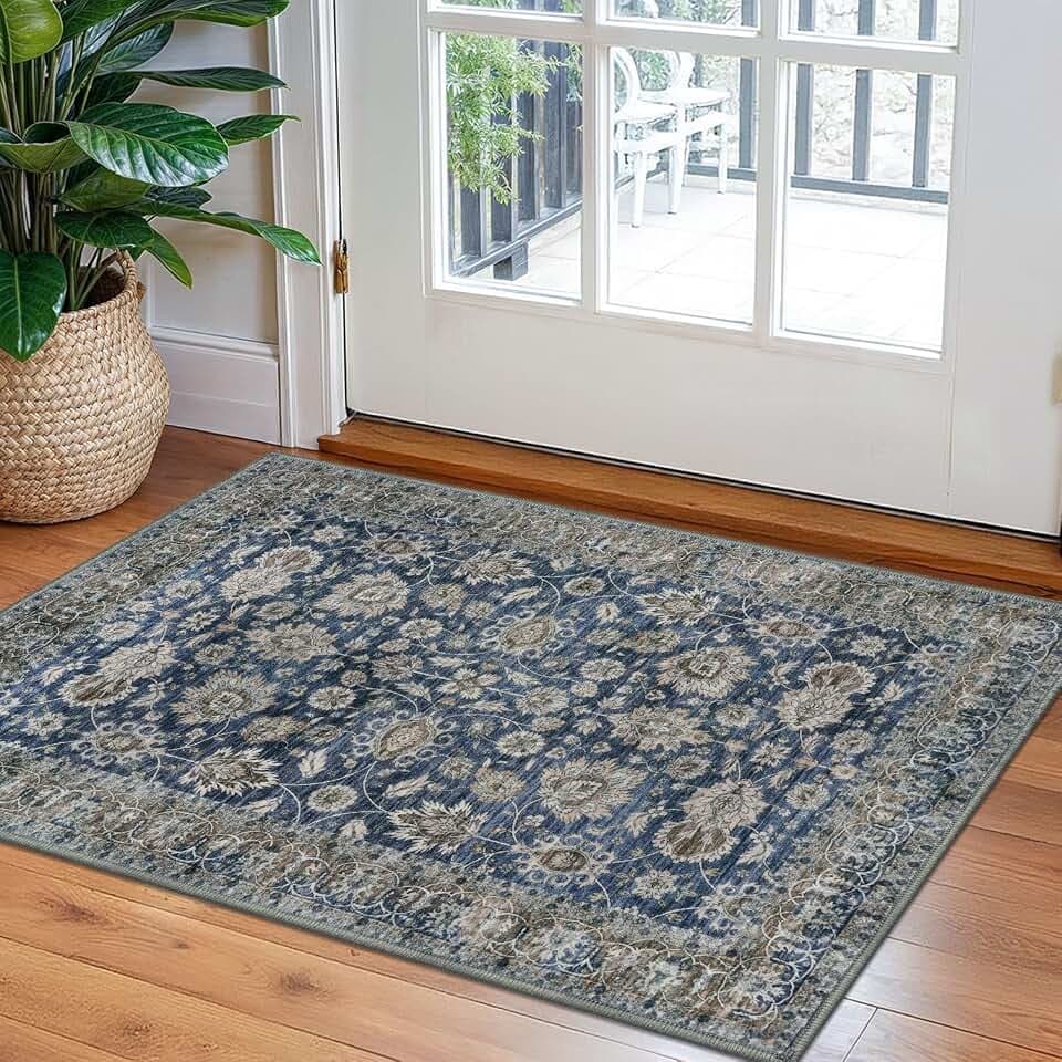 KOZYFLY Vintage Washable Entryway Rug 2x3 Non-Slip Blue