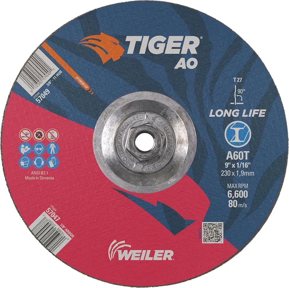 Weiler 57049 9 Inch Cutting Wheel, Tiger AO Steel/Metal Long Life Performance Cutting, 1/16" A60T Type 27 5/8"-11 Hub, Pack of 10