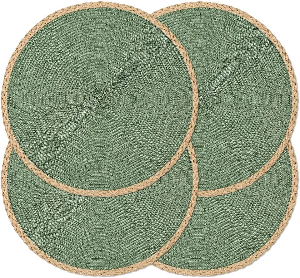 Round Placemats Set of 4, Woven Table Mats, Thin Edge, Green