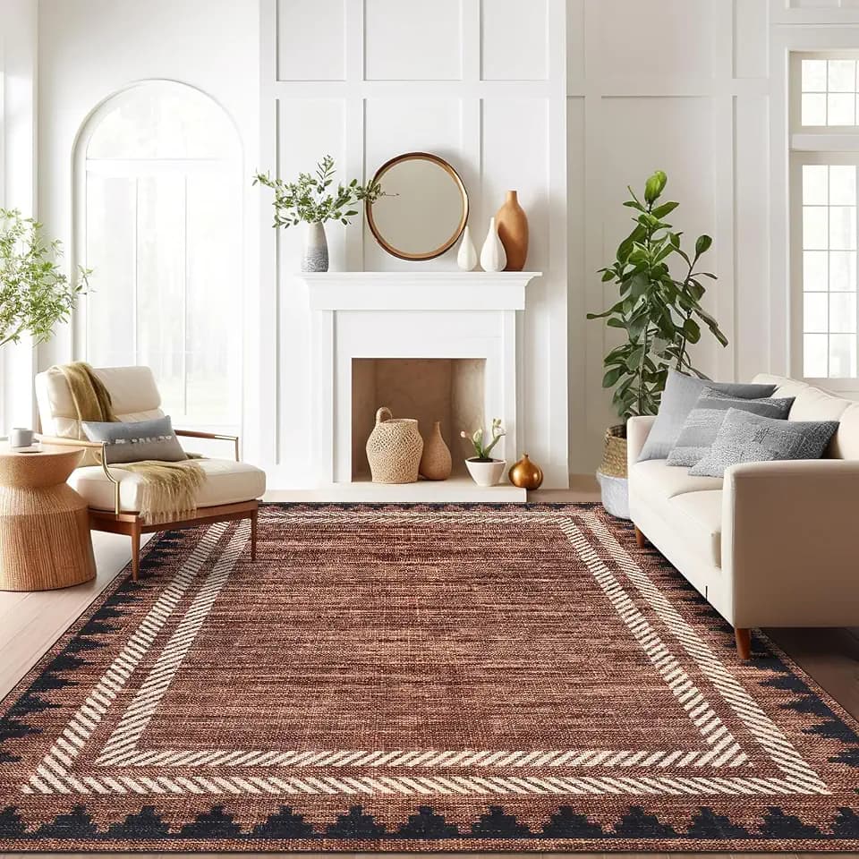Garvee Washable 9x12 Area Rug for Living Room Solid Border Rugs Brown