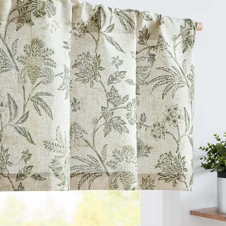 Vangao Linen Valance Curtain Farmhouse Cottage Floral Small Window Curtain Light Filtering for Kitchen Rustic Valance for Living Room Bedroom Rod Pocket 1 Panel Green on Beige
