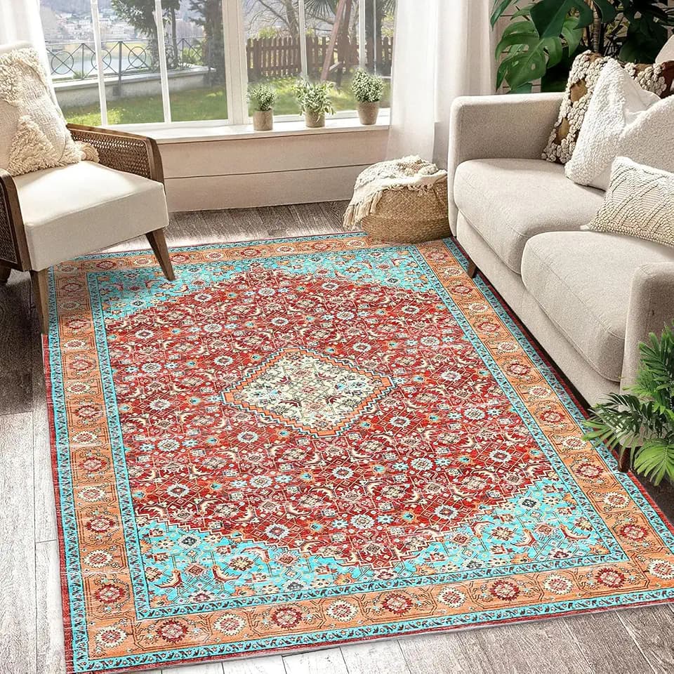 8x10 Washable Area Rug Large Neutral Modern Abstract Design 5ft x 7ft Rectangle Soft Low Pile Carpet with Non-Slip Backing for Living Room, Dining Room, Bedroom, Home, Office, Dorm.Red