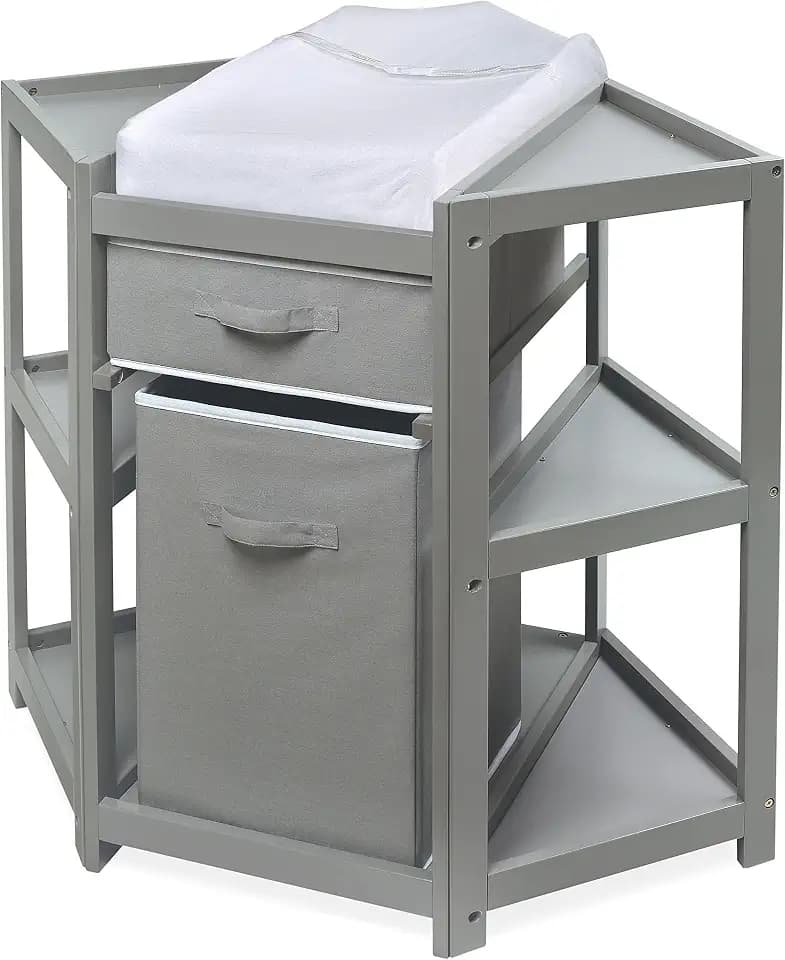 Badger Basket Corner Baby Changing Table - Space-Saving Diaper Changing Station for Nursery with Storage Bin, Changing Pad and Safety Belt - Organizer for Newborn and Infant Essentials - Gray