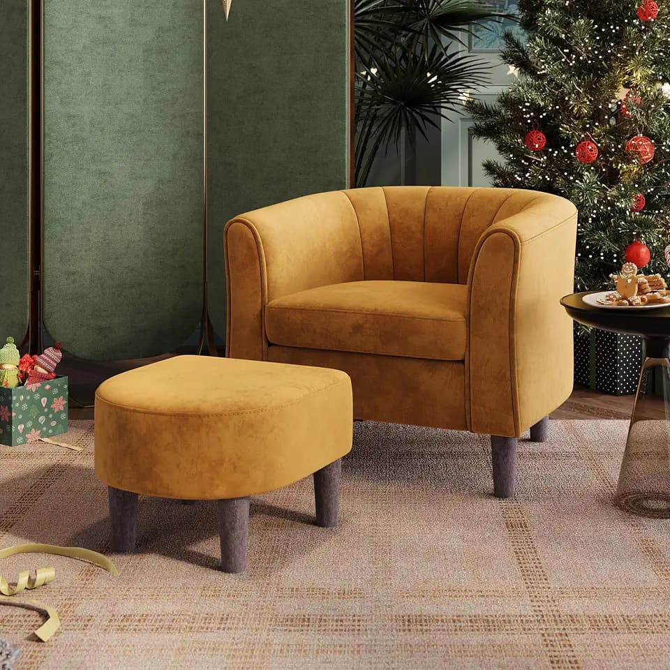 LINSY Accent Chair with Ottoman, Modern Armchair Comfy Barrel Reading Chair with Footrest for Living Room Bedroom Reading Room, Velvet, Yellow