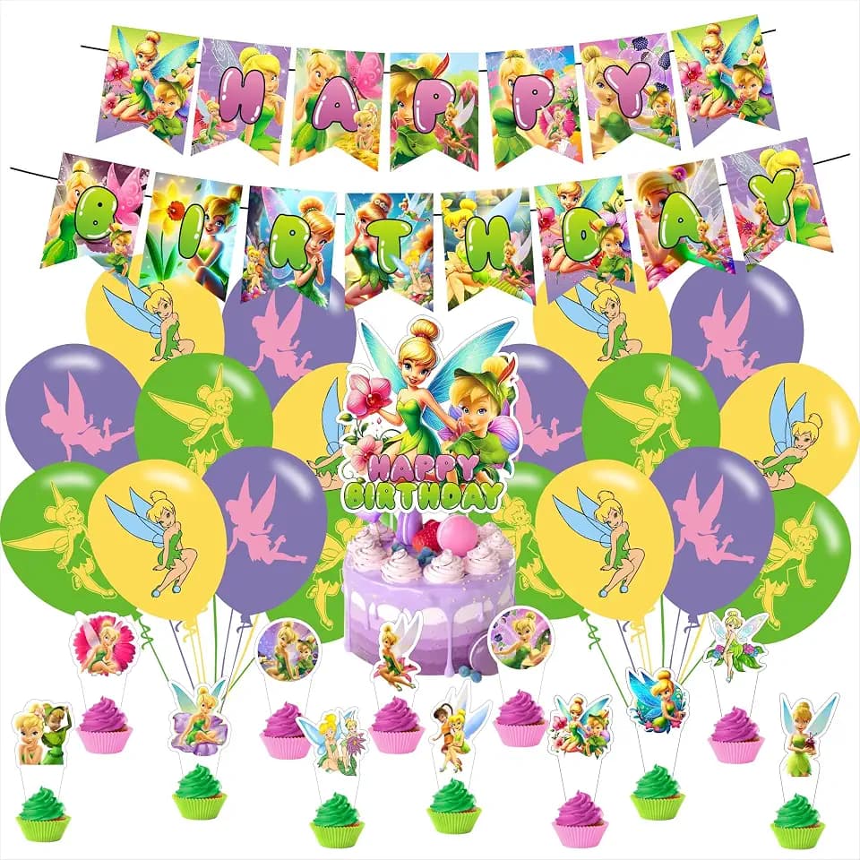 Fairy Cartoon For Tinkerbell Party Supplies,Birthday Decorations Set Include Banner, Balloons, Hanging Swirls, Cake Cupcake Toppers for Boys Girls Party.