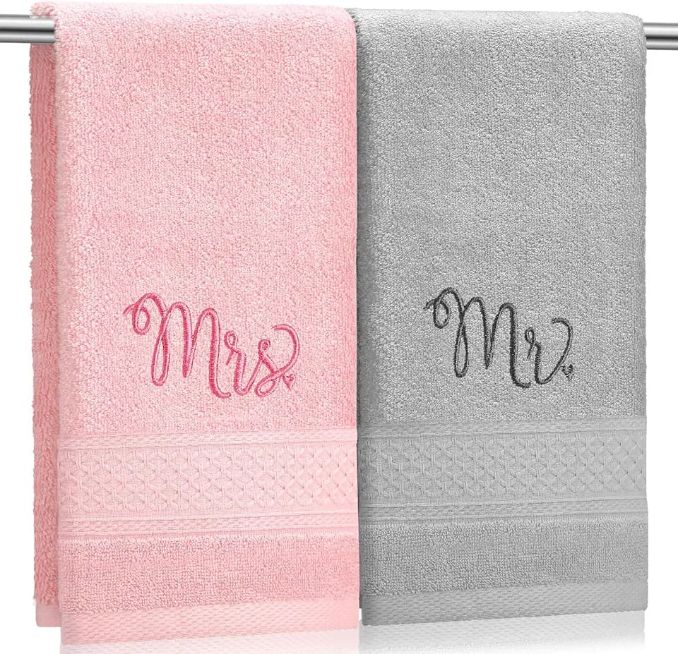 Tingjoo 2 Pcs Mr. and Mrs. Hand Towels 100% Cotton Embroidered, Gray,Pink