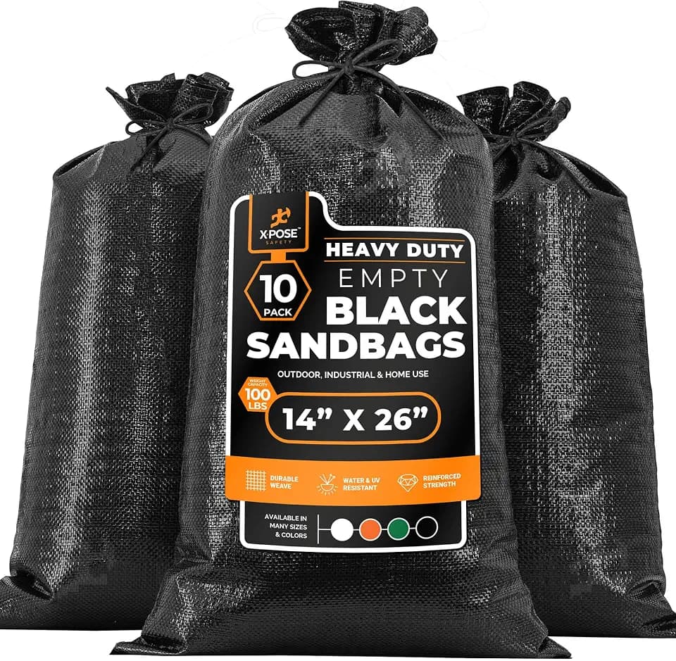 Xpose Safety Heavy Duty Sand Bags with Tie Strings – Empty Woven Polypropylene Sandbags for Hurricane Flood Protection, 100 lb Capacity, 14" x 26", Black, Pack of 10