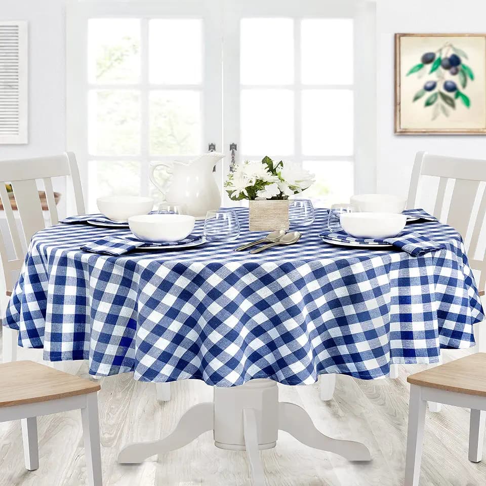 Home Bargains Plus Country Rustic Buffalo Plaid Cotton Tablecloth, 60 x 84 Inch Oval, Blue, Checkered Cottage Gingham Easy Care Dining Table Cover