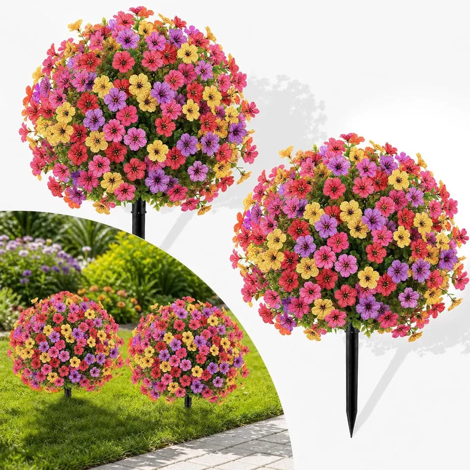 2Pcs 22" Artificial Topiary Ball Flowers for Outdoors Planters, Spring Summer Decoration, UV Resistant Faux Floral Greenery, Fake Shrubs Bushes for Indoor Outdoor Garden Yard Porch Patio Home Decor